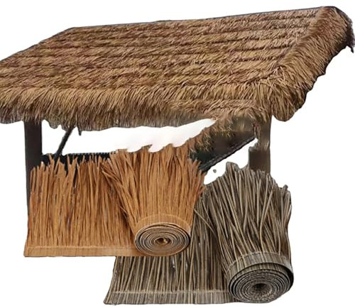 Toit en chaume artificielle rouleau jardin tiki bar toit en paille rouleau de chaume toit en feuilles de palmier artificielles pour Patio Parasol Clôture Décora(Size:8m/26.2ft,Color:jaune avec taches)