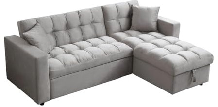 Madrid Velvet 3 Seater Sofa Bed with Storage Chaise – L-Shaped Reversible Corner Sofa | Pull-Out Sleeper, Chenille-Style Upholstery – Ideal for Living Rooms & Guests (Grey)
