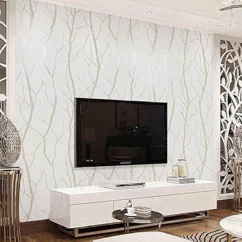 Snewvie Beige Wallpaper 3D Embossed Tree Branch Glitter Textured Wallpaper Modern Minimalist Taupe Striped Feature Wall Paper for Bedroom Living Room TV Backdrop Hallway