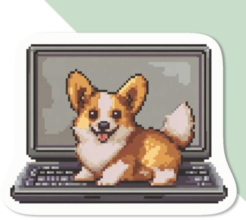 4 x Small 50mm 'Welsh Corgi on Laptop Pixel Art' Permanent Sticker Decals for Cars/Windows/Bins/Walls etc (DW00124400)