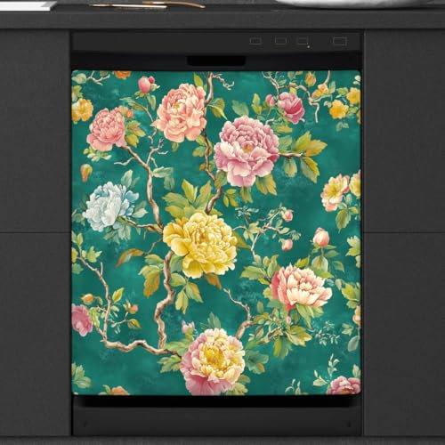 Copertura magnetica per lavastoviglie, decorazione per porta d'ingresso, motivo floreale vintage con foglie verdi e foglie verdi, foglio magnetico adesivo per elettrodomestici da cucina, 58,4 x 66 cm