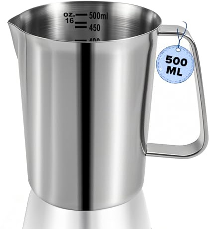 WJMY Messbecher 500mL Edelstahl 304 mit Griff präziser ml/oz-Skala | Ausguss Messkanne für Milch, Kaffee, Wasser und Backen, lebensmittelecht rostfrei spülmaschinengeeignet und vielseitig