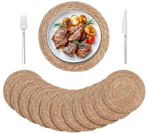 12PCS Sets de Table Ronds Tressés, 30cm Napperon Style Boho Antidérapant | Sets de Table Résistant à la Chaleur, Sous-Verres Tissé, Tapis de Table de Cuisine et Comptoir, Repas en Famille, Vacances