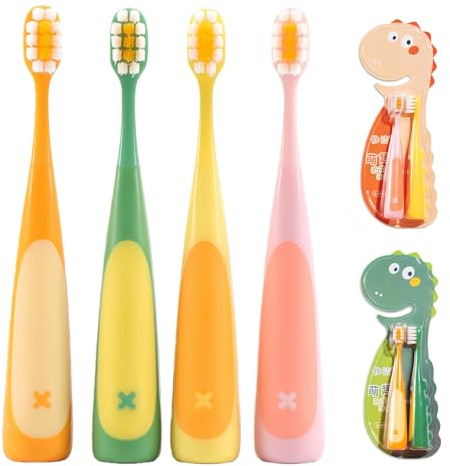 Sumneo | Kinderzahnbürste mit Dinosaurier-Griff | Niedliche Zahnbürste für Kinder von 2-7 Jahren | Weiche Borsten, ergonomischer Kinder-Griff & BPA-frei | 2x Grüne & 2x Orange Zahnbürsten | 4 Stück i