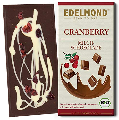 Edelmond Bio Cranberry-Milchschokolade, 1 Tafel mit Dekor, glutenfrei | Cranberrys innen und obenauf, verziert mit weißer Schokolade, Geschenkidee aus direktem Kakaoeinkauf,