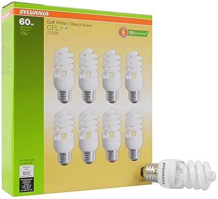 Sylvania CFL T2 Twist Light Bulb, 60W Equivalent, Efficient 13W, 850 Lumens, Medium Base, 2700K, Soft White - 8 Pack (26363)