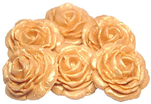 6 Large Edible Glittered Roses Flower Cake Topper Decorations (Gold)