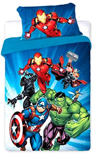 Avengers Bettwäsche-Set, bestehend aus 150 x 220 cm, Intensivblau, verziert mit Zeichnungen der Superhelden der Avengers in leuchtenden Farben und Kissenbezug. Ornamente, Mehrfarbig, Nicht anwendbar