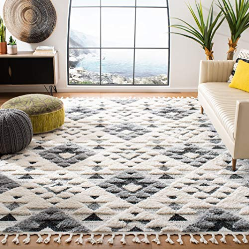 SAFAVIEH Zottelig Teppich für Wohnzimmer, Esszimmer, Schlafzimmer - Moroccan Tassel Shag Collection, Kurzer Flor, Elfenbein und Grau, 201 X 279 cm