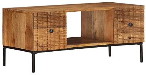 vidaXL Solid Mango Wood Coffee Table with Storage, Hand Carved Grid Patterns, Industrial-Style Design - Size 90x45x40 cm