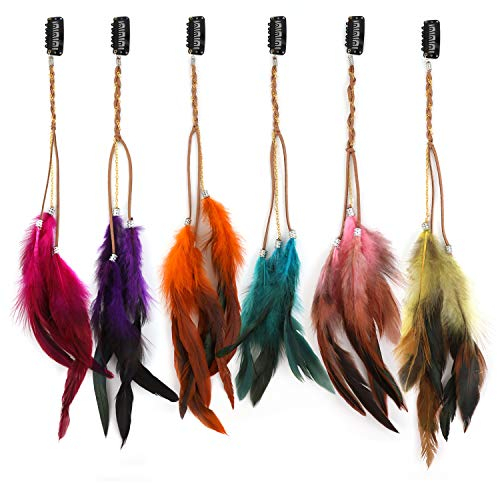 MWOOT 6 Stück Federn Haarextensions, Bunt Haarverlängerung mit Federn, Boho Haarschmuck für Faschingskostüm Karneval Halloween Verkleiden Damen Cosplay Haardeko Zubehör Feder Haarspangen Kopfschmuck