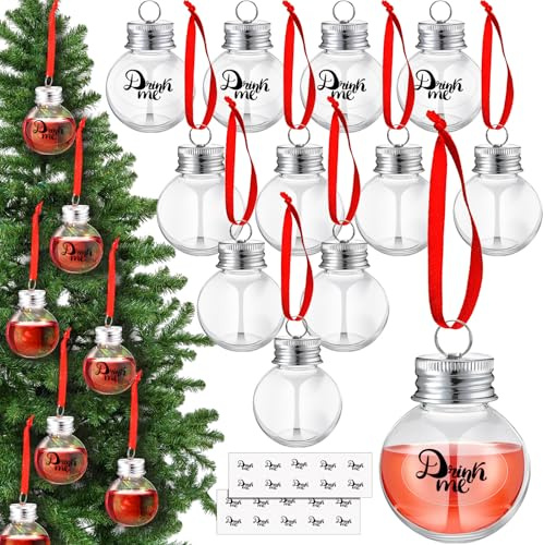 Patelai 12 Pcs Christmas Clear Drink Booze Balls Fillable Shot Glass Tree Ornament Water Bottle Bulbs Plastic Xmas Pendant Ball with Stickers for Home Party Decoration(Silver)