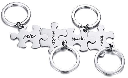 XUANPAI Puzzle Keychains, 4 Piece Jigsaw Key Ring Personalized Friendship BFF Couple Keyrings Family Best Friend Forever Custom Stainless Steel Jewellery Love Gift for Men Women Boys Girls,Silver