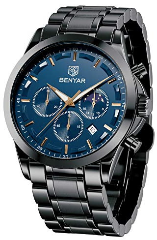 BENYAR Herrenuhr Chronographen Quarz Uhr Männer 30M Wasserdicht Armbanduhr Datum Uhren fur Männer mit Blau/Schwarz Zifferblatt Elegantes Geschenk