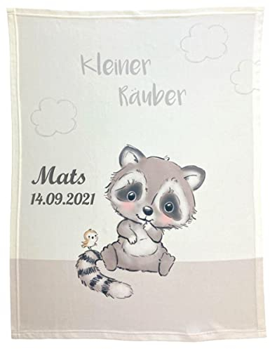 Wolimbo Soft-Peach Babydecke mit Namen personalisiert - Motiv Waschbär - Besticktes Geschenk für Mädchen und Junge 75x100cm