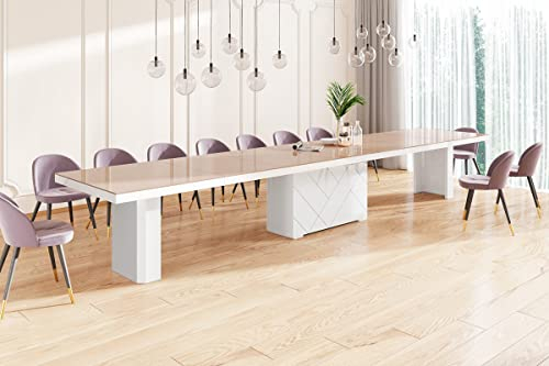Design Esstisch HEK-111 Cappuccino Hochglanz/Weiß Hochglanzausziehbar XXL 180 cm bis 468 cm Esszimmertisch für 16 Personen Kitchentable Funktionstisch Ausziehtisch Esszimmer Tisch Esszimmermöbel