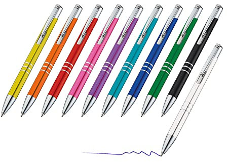 sin4sey 10er Set Metall-Kugelschreiber mit Zierringen - blau schreibend, Druckmechanismus, in trendigen Farben (Farben-Mix)