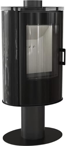 KRATKI AB Holzofen für den Innenbereich Freistehend auf einem Bein BImSchV 2-konform 8 kW Thermischer Wirkungsgrad 78% Stahl und Fliesen Schwarz Drehfunktion Glasscheibe 110 x 52 cm
