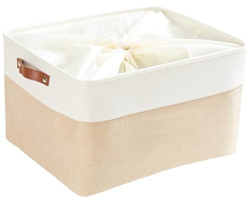 Mangata Faltbare Aufbewahrungskörbe mit Deckel,Grau Canvas-Stoff Aufbewahrungsbox für Spielzeug, Kleidung, Zuhause, Regale (Helles Khaki/weiß, XXLarge)