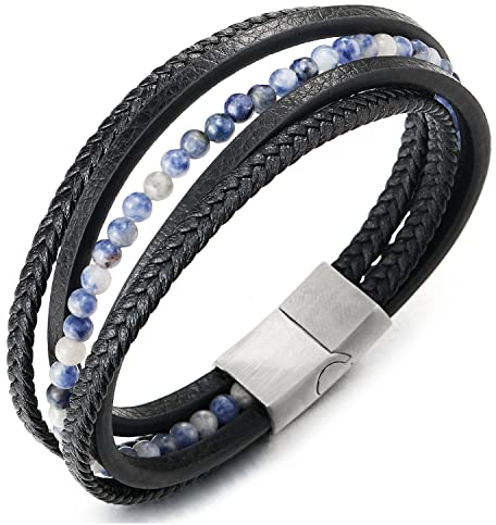 COOLSTEELANDBEYOND Multi-Strang Armband Edelsteine Wulst Kette Schwarz Geflochtene Leder Schweißband Edelstahl Magnetverschluss
