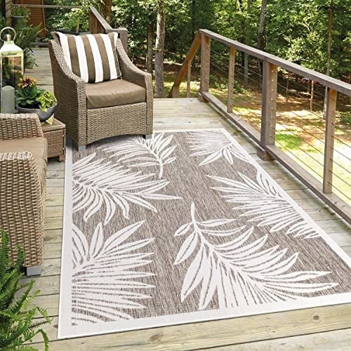 carpet city Outdoor-Teppich Wetterfest Balkon Terrassen - Beige in 140x200 cm - Deko Teppiche Außen Wasserfest - Balkondekoration Florale-Optik Wohnzimmerteppiche