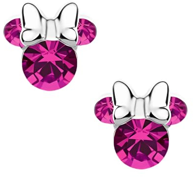 Ohrstecker Minnie-Maus mit Geburtsstein, Disney für Mädchen, Silber, Disney-Schmuck, verziert mit Zirkonia, Rosa
