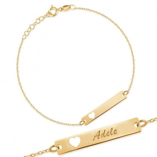 Sakrami Kids Collection Pulsera de Oro con Placa de Corazón y Nombre + Caja de Regalo Personalizada - Pulsera para Nacimiento Comunión o Bautizo