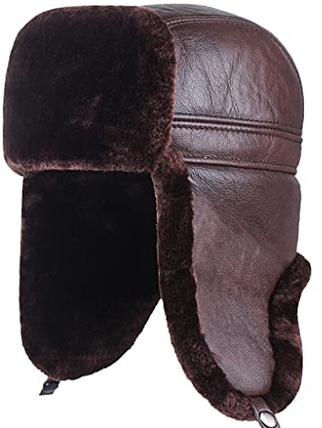 ZHOUXIAO Winter Lederhut Aviator Hut Ohrlappen, Unisex Winddichte wasserdichte Mütze Echte Lederhüte Bomber Trapper Hut, Weiche Warme Jagd Hut Russian Kunstpelz Trooper Hut brown-58-59CM