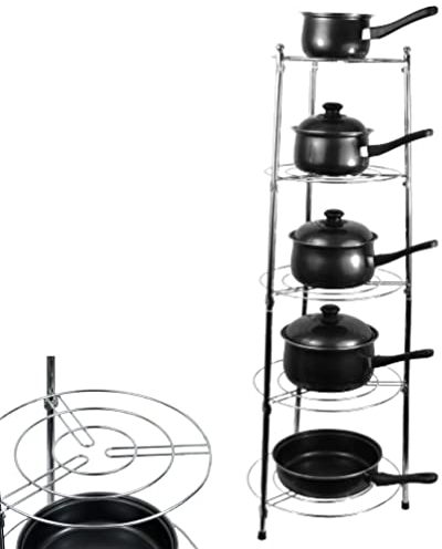 KAYNUR 5 Tier Chrome Pan Stand Pot Organiser, Stainless Steel Pan Stand For Saucepans Multi-Functional Free Standing Pan Lid Organizer for Home Kitchen