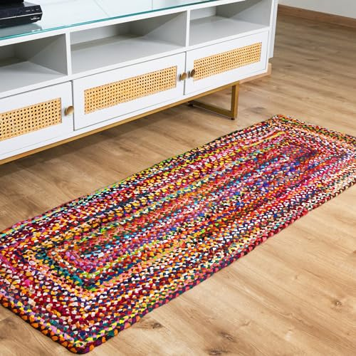 RAJRANG Reversible Rag Runner Teppich Boho dekorative Baumwolle Chindi Handgewebte mehrfarbige Fläche Teppiche - L-96 X W-24