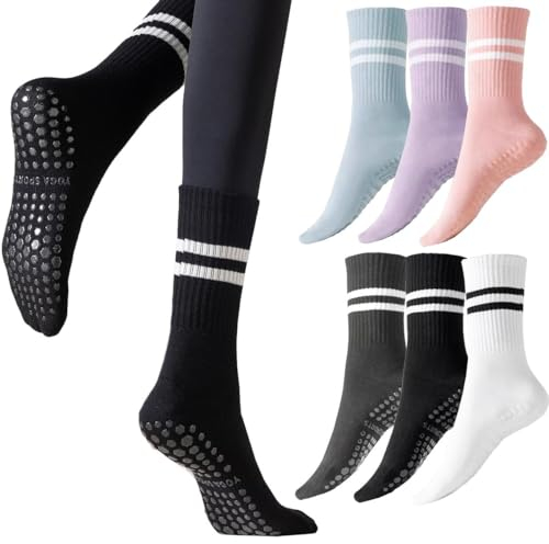 6 Paar Anti-Rutsch-Socken für Damen Streifensocken Yoga Socken Rutschsocken Streifen Baumwolle Stoppersocken Antirutsch Sportsocken für Sport Pilates Gymnastik Krankenhaus Schwangere, EU 35-40