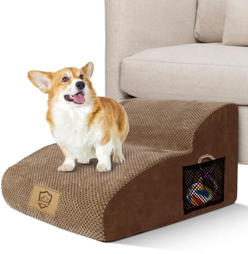 MASTERTOP Scale per Cani Estesa a 2 Gradini in Spugna ad Alta Densità, Ampia Scala per Animali Domestici, Antiscivolo per Animali Anziani/Feriti con Fodera Rimovibile e Lavabile (Marrone)