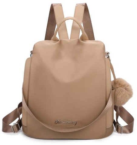 OLIVIA WONG Mochila antirrobo Impermeable para mujer (13L)| Mochila Convertible en bolso con pompom y Asa desmontable de adorno - Khaki/Taupe