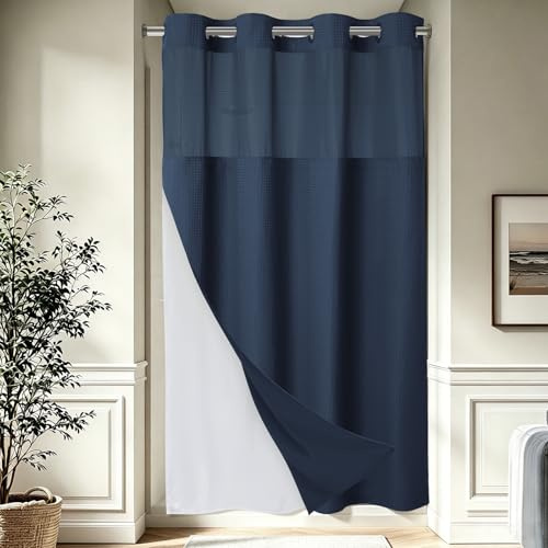 EUTXL Rideau de douche épais sans crochet avec doublure, bleu marine, 137 x 203 cm