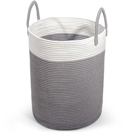 SYLANDO Wäschekorb mit Henkel, Spielzeug Aufbewahrung, Aufbewahrungsbox Geflochten, Wäschesammler Groß, Aufbewahrungskorb Kinderzimmer (Grau&Weiß, D 38 x H 50 CM)