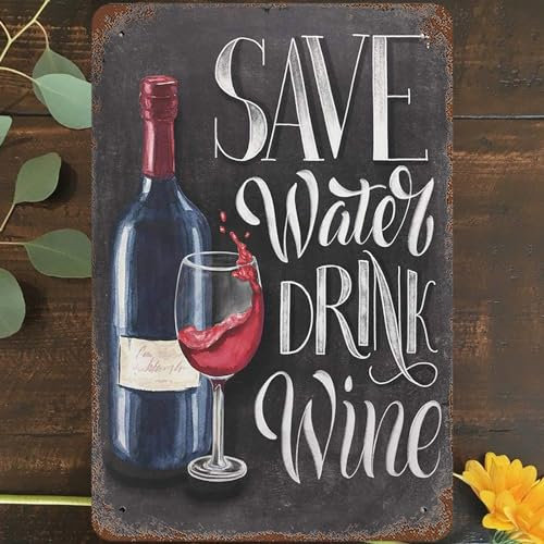 Metall-Blechschild im Vintage-Stil, 20,3 x 30,5 cm, Save Water Drink Wine, Wandkunst, Dekoration, Flasche und Glas auf schwarzem Kreidetafel-Hintergrund, Poster für Zuhause, Wohnzimmer,