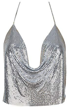 JiJiRuDU Glitzer Top Damen Sexy Deep V Kette Halter Ärmellos Backless Metall Weste Sequin Crop Top Club Wear Party Pailletten BH Top