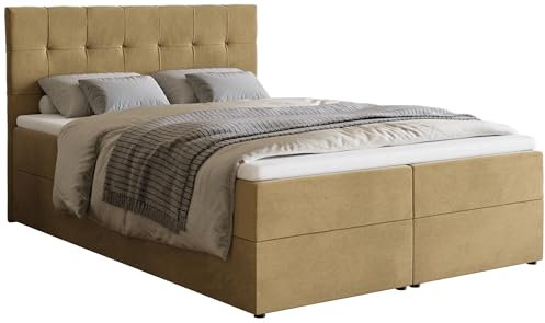 BROMARKT Boxspringbett mit Bettkasten Polsterbett mit Bonell-Matratze und Topper Doppelbett mit Stauraum Bett für Schlafzimmer gepolstertes Kopfteil Detroit 140x200 Härtegrad H3 Samtstoff Beige