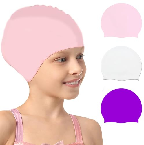 cuffia da nuoto Echehi Confezione da 3 Cuffia Piscina Bambino in Silicone, Cuffia Piscina per 3-10 Bambini Piccoli e Adolescenti, Cuffie Piscina Impermeabili per Capelli Corti/Lunghi