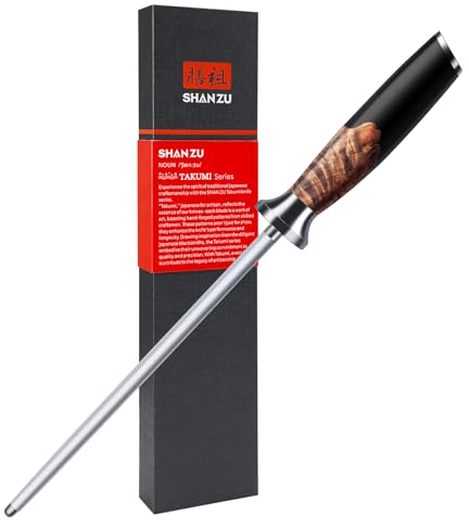 SHAN ZU Fusil à Aiguiser de Couteaux 20cm, Fusil Couteau de Cuisine, Aiguiseur Couteau, Ergonomique Manche en Bois d'érable, Emballage Coffret Cadeau