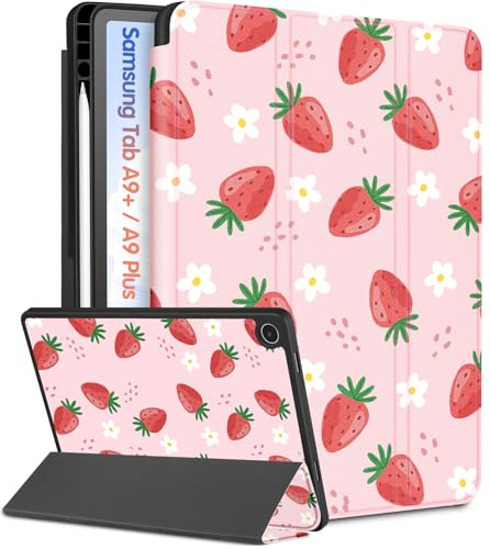 Wazzasoft Coque pour Samsung Galaxy Tab A9 Plus – Femmes Filles Adolescentes Enfants Jolie Housse Folio Girly Kawaii Fraise Design Unique Porte-crayon Mise en veille et réveil automatique pour Samsung