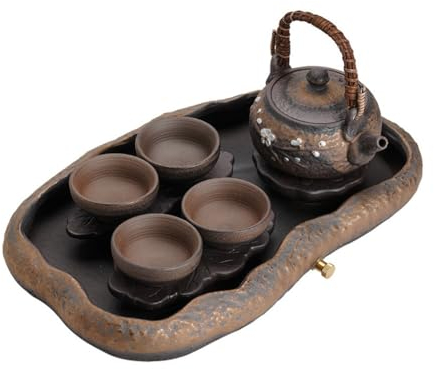 YoeEoay Handgefertigtes Traditionelles Chinesisches Ton-Teeservice - Set Mit Teekanne (350ml), 4 Teebechern (50ml) Und Serviertablett Im Reservoir-Stil