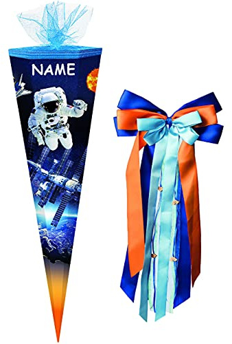 alles-meine.de GmbH Schultüte - mit 3D Glitzer - Effekt ! - Space - Astronaut - Raumfahrer - 50-85 cm - Größe wählbar - eckig - incl. Name und große Schleife - Tüllabschluß..
