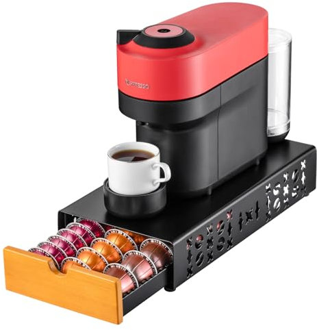 Flagship Coffee Pod Holder for Nespresso Vertuo Pod Organizer Fits All Vetuo Pods Black Metal With Wood Handle