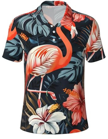 Polo de golf à manches courtes et col anti-humidité pour homme Imprimé floral blanc rouge, Flamant rose rouge 12, XXL