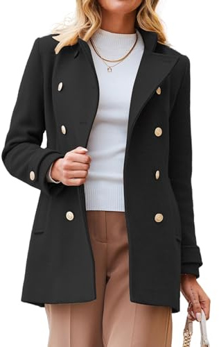 IDEALSANXUN Womens Fall Winter Peacoat Wool Coat Double Breasted Blazer Jacket Trench Coat, Black, Medium