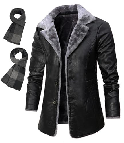 Veste Longue Cuir Manteau Vintage pour Homme Blouson Automne Hiver Homme Revers en Molleton Hommes de Long Faux Cuir Veste PU Imperméable Coupe-Vent (Noir,2XL)