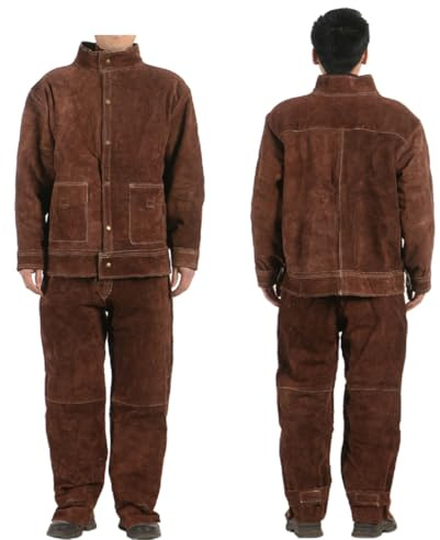 BIRJXVTO Overalls Rindsleder Schweißanzug Denim Atmungsaktive Schweißer Schutzanzug,Brown Set,3XL