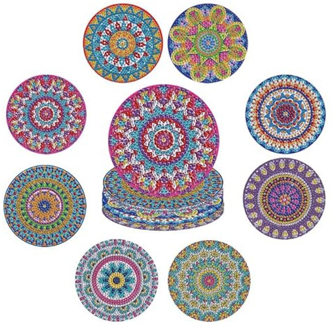 Lot de 8 sous-verres ronds 5D à faire soi-même avec motif mandala, artisanat pour adultes (motif mandala-B)