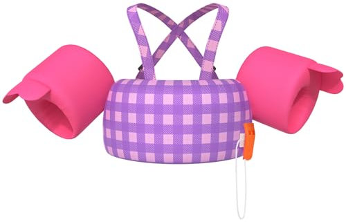 HeySplash Chaleco de Natación para Niños, Manguito de Natación con Correa Ajustable, Flotador de Piscina para Niñas de 2-6 Años, Flotador para Niños Aprendan a Nadar, Morado Rosa A Cuadros